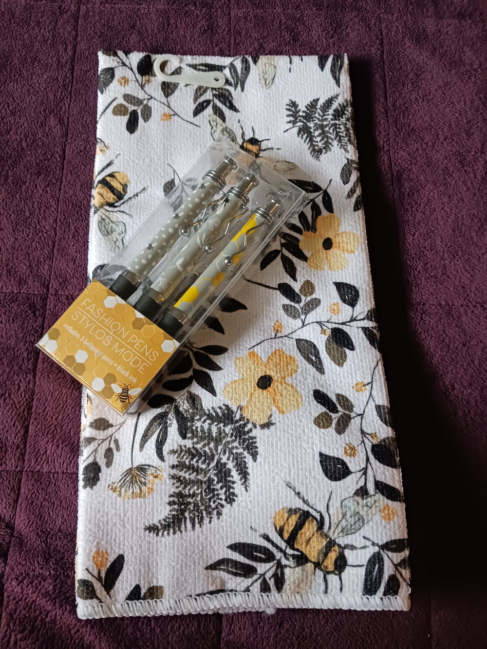 Bee & Floral Kitchen Towel with Yellow Accent Pens